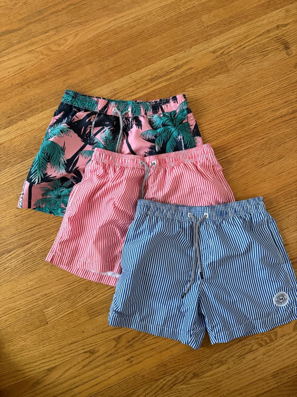 Men's Red Palm & Blue Striped Swim Trunks - Pack of 3 Men’s size small